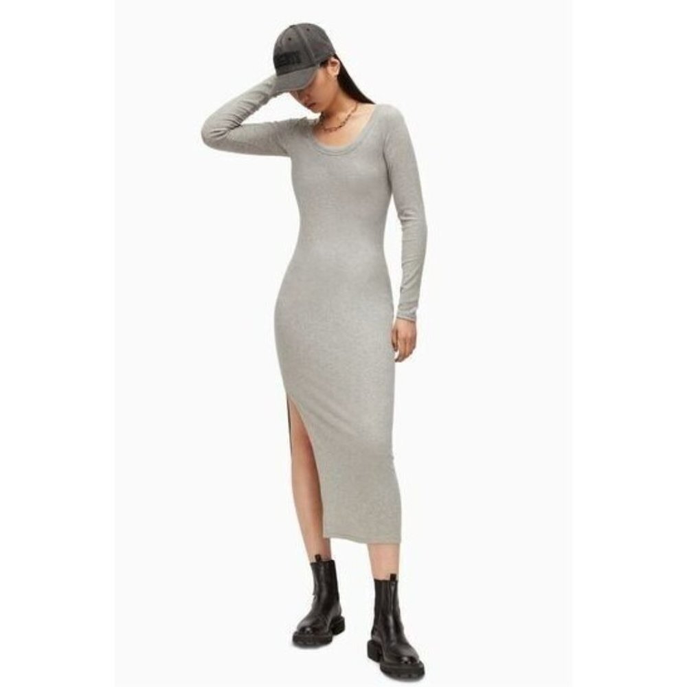 AllSaints Womens Rina Long Sleeve Jersey Midi Dress Side Slit Gray Size 10